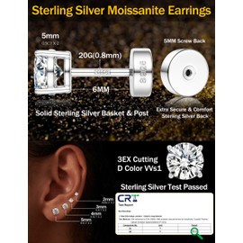 Morfetto Moissanite Earrings,Sterling Silver Earrings for Women 925,2-5MM 14K Gold Stud Earring,Small Round Cut D Color VVS1 Simulated Diamond Flat Back Earrings Hypoallergenic Jewelry Gift Silver-5mm