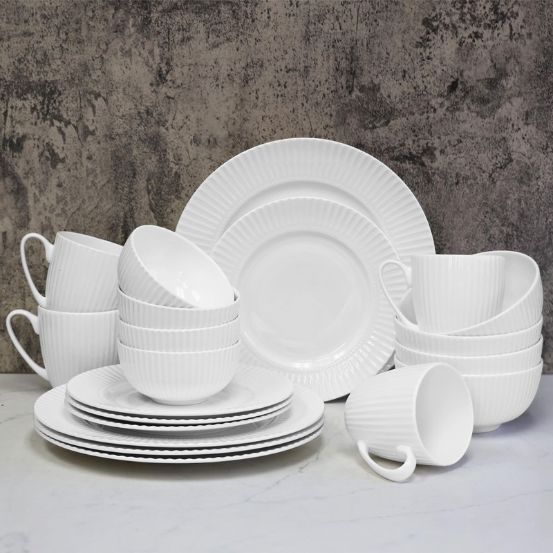 QOUTIQUE Bone China Dinnerware, 20PC Set, Service for 4, White