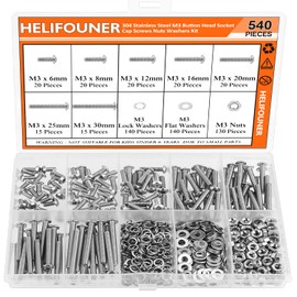 HELIFOUNER 540 Pieces M3 x 6mm /8mm /12mm /16mm /20mm /25mm /30mm, Button Head Socket Cap Screws Bolts Washers Nuts Kit, 304 Stainless Steel