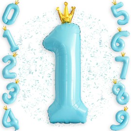 Ptyceler Number Balloons Birthday Decorations 40 Inch Large Number 1 Birthday Balloons with Crown for Wedding Party Anniversary Decoration Blue