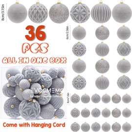 Velvet Christmas Ball Ornaments Grey/Soft Silver Christmas Tree Decorations 36pcs Shatterproof Christmas Ornaments Set with 5 Styles in 3 Sizes(Small Medium Large)