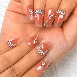 Sethexy Pink Rhinestone Medium Coffin Press on Nail Crystal Chain Handmade False Nails Gradient Natural Shiny False Nails Salon Durable Quality Nails for Women and Girls (F)