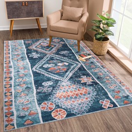 Bloom Rugs Mysia Washable 6x9 Rug - Blue/Multicolor Tribal Geometric Area Rug for Living Room, Bedroom, Dining Room, and Kitchen - Exact Size: 6' x 9'