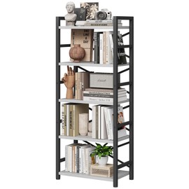 Homeiju Organization and Storage, 5 Tier Bookshelf, Tall Bookcase with Shelves, Wood and Metal Book Shelf Storage Organizer, Industrial Display Standing Shelf Unit for Bedroom, White