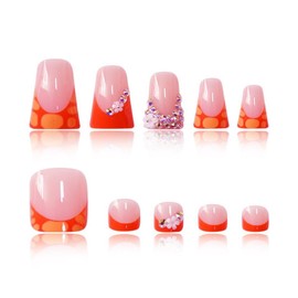 48Pcs Orange French Tips Press on Nails Medium Duck Fake Nails with Flower Rhinestones Design Short Square Press on Toenails Fall False Toenails Floral Fake Nail for Women Girls Manicure