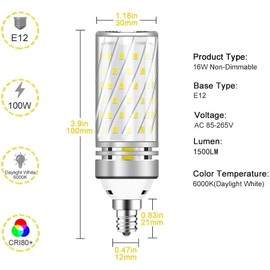inShareplus E12 LED Bulbs, 16W Candelabra Light Bulbs, Daylight 6000K, 120W Equivalent 1500LM, CRI80+, E12 Base LED Chandelier Bulbs, Non-Dimmable LED Lamp, 6Pack