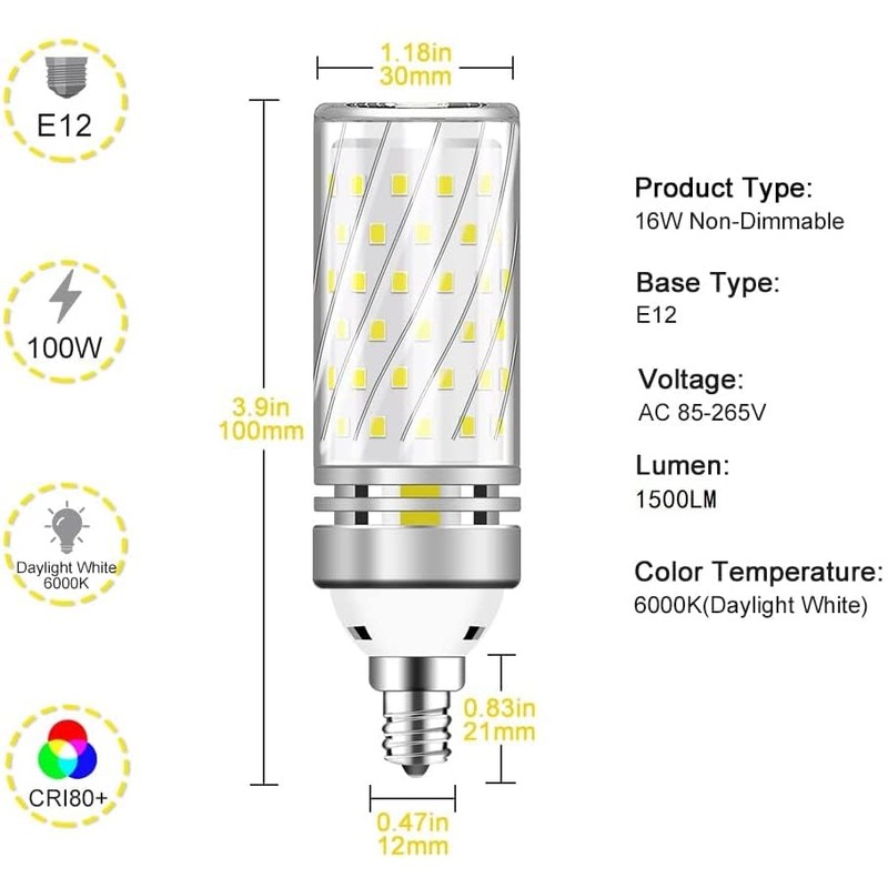 inShareplus E12 LED Bulbs, 16W Candelabra Light Bulbs, Daylight 6000K,
