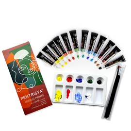PENTRISTA Acrylic Paint Set,12 Colors Tubes(12ml,0.41 fl.oz)with 3 Brushes&1 Palette Professional Art Supplies Non-toxic Rich Pigments Vibrant Colors for Beginners,Artists,Students&Kids