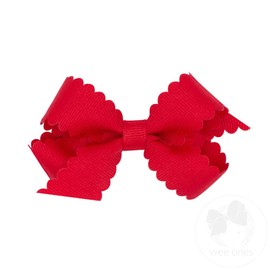 Wee Ones Girls' Classic Grosgrain Hair Bow with Scalloped Edges and Plain Wrap Center on a WeeStay Hair Clip, Mini, Red