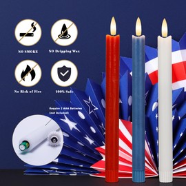 Patriotic Flameless Candles with Remote and Timer, Real Wax Red White and Blue Candles for 4th of July Decorations, Battery Operated Candles for Independence Day Celebrations, 3Pack