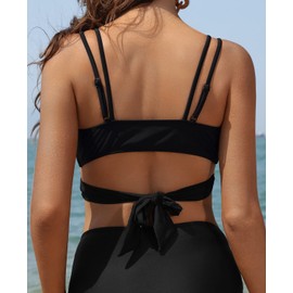 SHEKINI Women's Bikini, Push Up Bra, Adjustable, Crossover, Ties-Up, Halterneck Bikini Top or Triangle Printed Low Waist Briefs, Sports Bikini Bottoms, Black bikini top, m