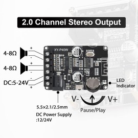 XY-P40W Bluetooth Power Amplifier Board with A 12V/2A DC Power Supply, Can Be Controlled by Remote Controller for Home theaters and DIY Bluetooth Speakers (XY-P40W with DC Power Supply)