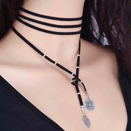 Yheakne Boho Long Leather Necklace Black Leather Wrap Choker Necklace Vintage Disc Coin Necklace Vagan Suede Necklace Chain Jewelry for Women and Girls (Black)
