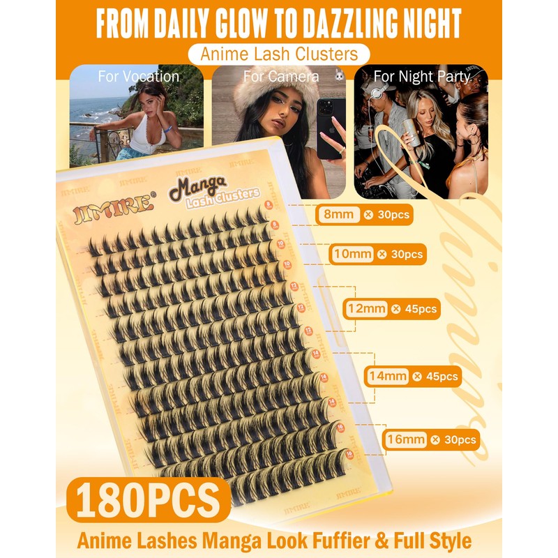 JIMIRE Manga Cluster Lashes Natural Looking 180Pcs Individual Eyelashes Wispy