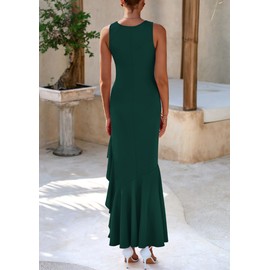 PRETTYGARDEN Wedding Guest Dresses for Women 2025 Summer Formal Gala Maxi Dress Ruffle Mermaid Cocktail Long Dresses(Dark Green,Medium)