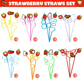 24 Strawberry Drinking Crazy Straws for Kids | Red, Strawberry Themed Fruits Birthday Party Supplies Favors Decorations with 24 PVC Charm, 2 Cleaning Brushes Reusable Straw