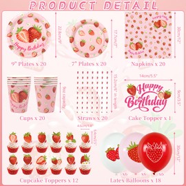 KEFAN Strawberry Birthday Party Decorations, Strawberry Theme Party Tableware Supplies including HAPPY BIRTHDAY Banner, Plates, Cups, Napkins, Tablecloth, Balloons for Strawberry Birthday Party (L)