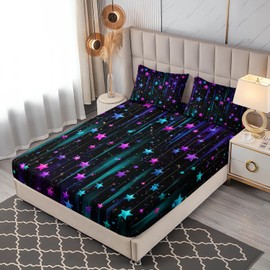 UEVBF Colorful Stars Fitted Sheet Set Queen Size,Glitter Starry Printed Bedding for Boys and Girls Bedroom,Neon Stripes Galaxy Soft Bed Sets,No Flat Sheets,1 Fitted Sheet+2 Pillowcases.