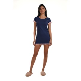 Storytellers; Women's Ruffle Trim Sleep Dress, Short Sleeve Nightgown, Navy and Pink (Navy, Small)
