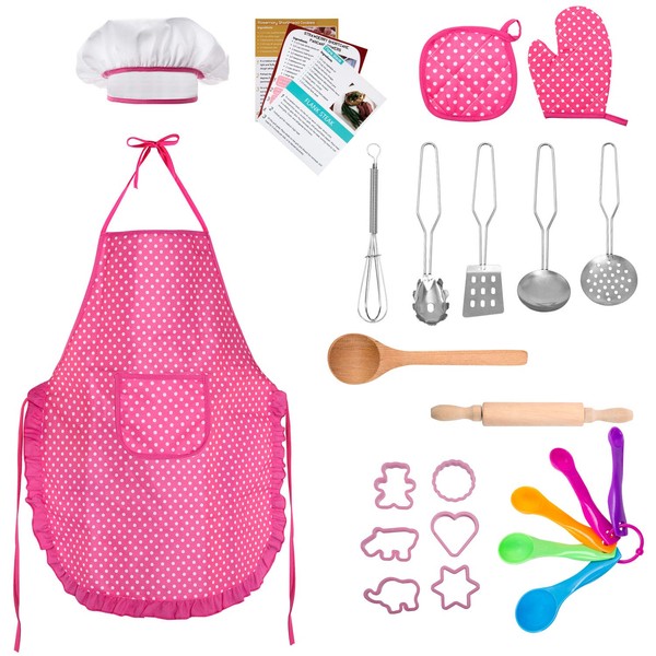 Tepsmigo Kids Chef Role Play Costume Set 22 PCS, Toddler Cooking and Baking Set with Apron, Chef Hat, Recipe Cards, Cooking Mitt, Utensils for Boys and Girls Ages 3+