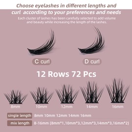 Cluster Lashes QUEWEL 72 Pcs Wide Stem Individual Lashes C/D Curl 8-16mm Length DIY Eyelash Extension False Eyelashes Soft for Personal Makeup Use at Home (Fluffy02-D-MIX8-16)