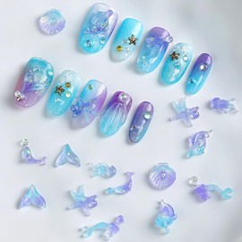 100 PCS Ocean Nail Art Charms 3D Beach Nail Charms and Gems Sea Shell Summer Starfish Dolphin Fishtail Charm Rhinestones Jewelry Accessories for Women DIY Manicure Decorations Supplies