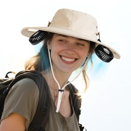 AMACOOL 2-in-1 Hands-free Hat Fan with Detachable Neck Fan, UPF 50+ Wide Brim Sun Hat, 3-Speed Adjustable, 2600mAh Rechargeable Fishing Essentials for Men Women Camping Travel Delivery Outdoor-Khaki