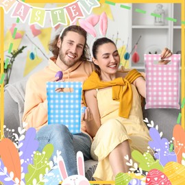 Kolldenn 48 Pcs Easter Gift Bags with Handles Pastel Gift Bags Bulk Plastic Party Favors Bag Plaid Goodie Treat Wrapping for Easter Spring Birthday Party Supplies Decorations, 9.8 x 6.3 Inch