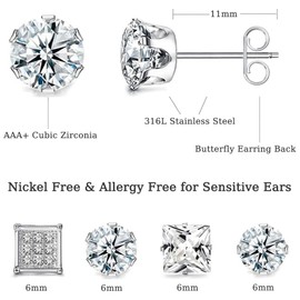 BVLAGIDA 12 Pairs of Men's Stainless Steel Stud Earrings Set, Hypoallergenic Ear Piercing, Silver/Gold/Black, Cubic Zirconia Stud Earrings for Men and Women