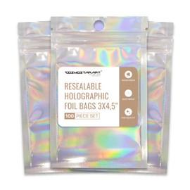 COSMOSTARART 100 Pack Holographic Resealable Bags, Clear Front Mylar Ziplock Pouches for Multipurpose Storage (3"x4.7")