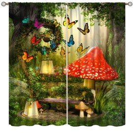 Cortinas opacas de bosque de hongos encantados para niños, 3D Fantasy Fairytale Wonderland Mysterious Green Flower Champiñones, cortinas de ventana para casa de niños, niñas, cuarto de estar, 72 x 63