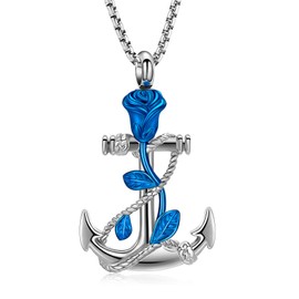 Oinsi Anchor Urn Necklace for Ashes Rose Flower Cremation Jewelry for Men Women Memorial Ashes Keepsake Stainless Steel Human Pet Funeral Ashes Holder Pendant -Sliver-Blue