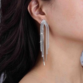 Gold Silver Wedding Earrings Brides Long Rhinestone Earrings Sparkle Crystal Dangle Earrings Diamond Prom Earrings Bridal CZ Drop Earrings Tassel Chain Rhinestone Statement Earrings Jewellery for