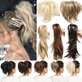 12 inches Adjustable Messy Style Ponytail Hair Extensions Synthetic Hairpiece with Jaw Claw Amazing Shape for Women Bleach Blonde