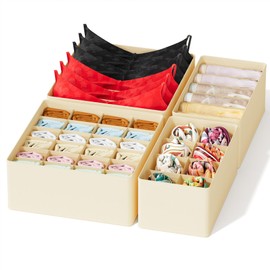 SpaceAid SpaceAid Underwear Drawer Organizer, 4 Pack Dresser Organizer Bins for Nursery, Closet Organization and Storage with Dividers for Baby Clothes Socks Bra Ties Scarf (Beige)
