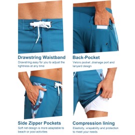 unitop Mens Swim Trunks with Compression Liner Bathing Suit 9" Surfing Summer Board Shorts with Pocket, Blue, 30