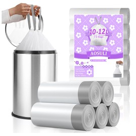 AOSULI Kleine Müllbeutel 10L Müllsäcke 12L mit Zugband Blickdicht Mülltüten für Badezimmer Büro,75 Stück Weiß Reißfest Mülltüten Kosmetikeimer Abfallbeutel