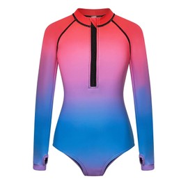 Girl Long Sleeve One Piece Swimsuit: UV UPF 50+ Sun Protection Zip Swimsuit Bathing Suit Rainbow Color 6 7 8 Years