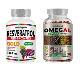 Purely Organics | Combo Resveratrol Gold + Omegal | Antioxidantes + Omega 3-6-9 para Bienestar Celular y Metabólico | 90 Cápsulas c/u