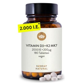 SUNDAY NATURAL® Vitamin D3 K2 Tablets - 99.8% All-Trans MK-7 & 2,000 IU Vitamin D - 180 Tablets - Vegan, High Dose - No Unnecessary Additives - Laboratory Tested in Germany - Perfect for Sharing
