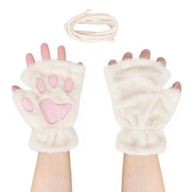 Mikovivi Cat Paw Gloves, Fingerless Furry Bear Animal Paws Cute Cosplay Costume Accessories Soft Furry Paw Gloves for Girls Women (White)