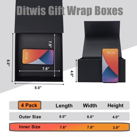 Ditwis 4 Pack 8x8x4 Inches Gift Boxes with Magnetic Closure Lids, Black Magnetic Box for Wedding, Groomsmen Bridesmaid Proposal, Birthdays, Mother's Day