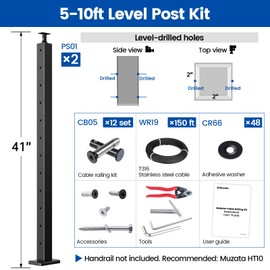 Muzata 5-10FT Modular Black Cable Railing Kit 42 Inch 2 Level Post Kit Complete Set Cable Railing System for Decks Length Adjustable Easy DIY with Paper User Guide (No Handrail) RWS1 BH4L
