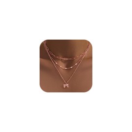 Rose Gold Layered Necklaces for Women,Rose Gold Plated Dainty Stackable Choker Necklaces for Women,Trendy Layering Small Thin Bow Paperclip Chain Pendant Jewelry Set Gifts