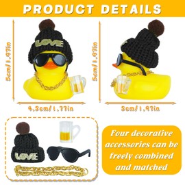 Adornos de goma para coche, pato chirriante con sombrero de amor negro, decoración de salpicadero, patito con vasos de cerveza, collar dorado, anteojos de sol