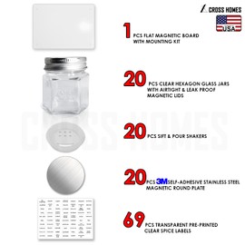 Magnetic Empty Small Hexagon Glass Spice Jars 20 Sets with Magnetic Lids, Shaker, Magnetic Board, Spice Labels DIY Spice Tins/ Rack for Refrigerator Fridge Cabinet Wall mount
