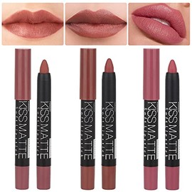 evpct- Juego de 3 lápices de colores y pintalabios mate color beige nude, castaño, marrón, malva, grueso, mate, 24 horas