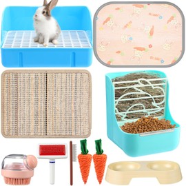 Honeydak 10 Pcs Rabbit Starter Kit Small Litter Box Bunny Grooming Kit Scratch Pads Hay Feeder Bowl Ice Pad with Bunny Toys for Guinea Pig Rabbit Accessories (Blue)