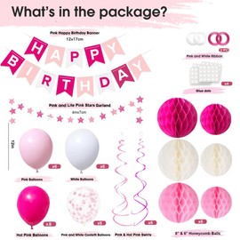 OHugs Happy Birthday Banner - Pink Birthday Decoration for Girls with Honeycomb Balls, Star Garland, Balloons - Ideal for Girls, Women, Princess Party