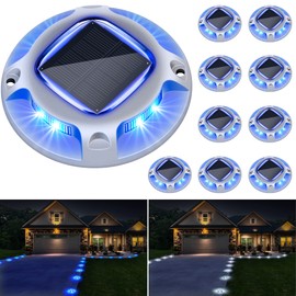 Solar Driveway Lights - 10 Pack, IP68 Waterproof, 2 Color Modes (Blue/White) for Step, Sidewalk, Pathway, Patio, Garden